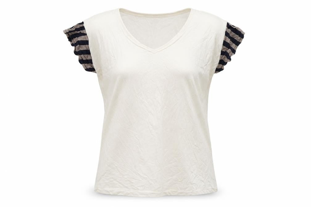 Front view of lacati women’s beige polyester basic t-shirt, size S, round neck