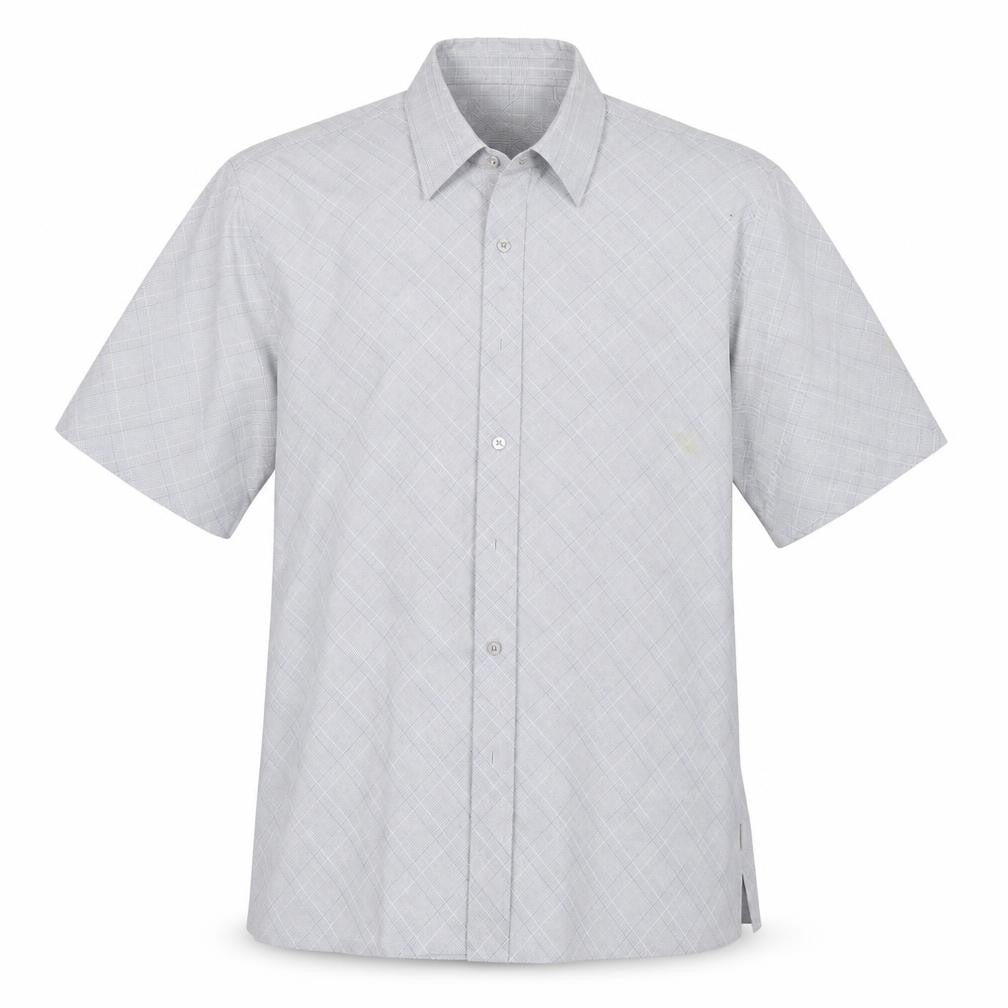 Front view of Lee Cooper men’s grey check viscose button-up, size L, collared