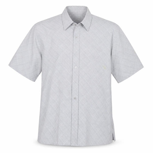 Front view of Lee Cooper men’s grey check viscose button-up, size L, collared