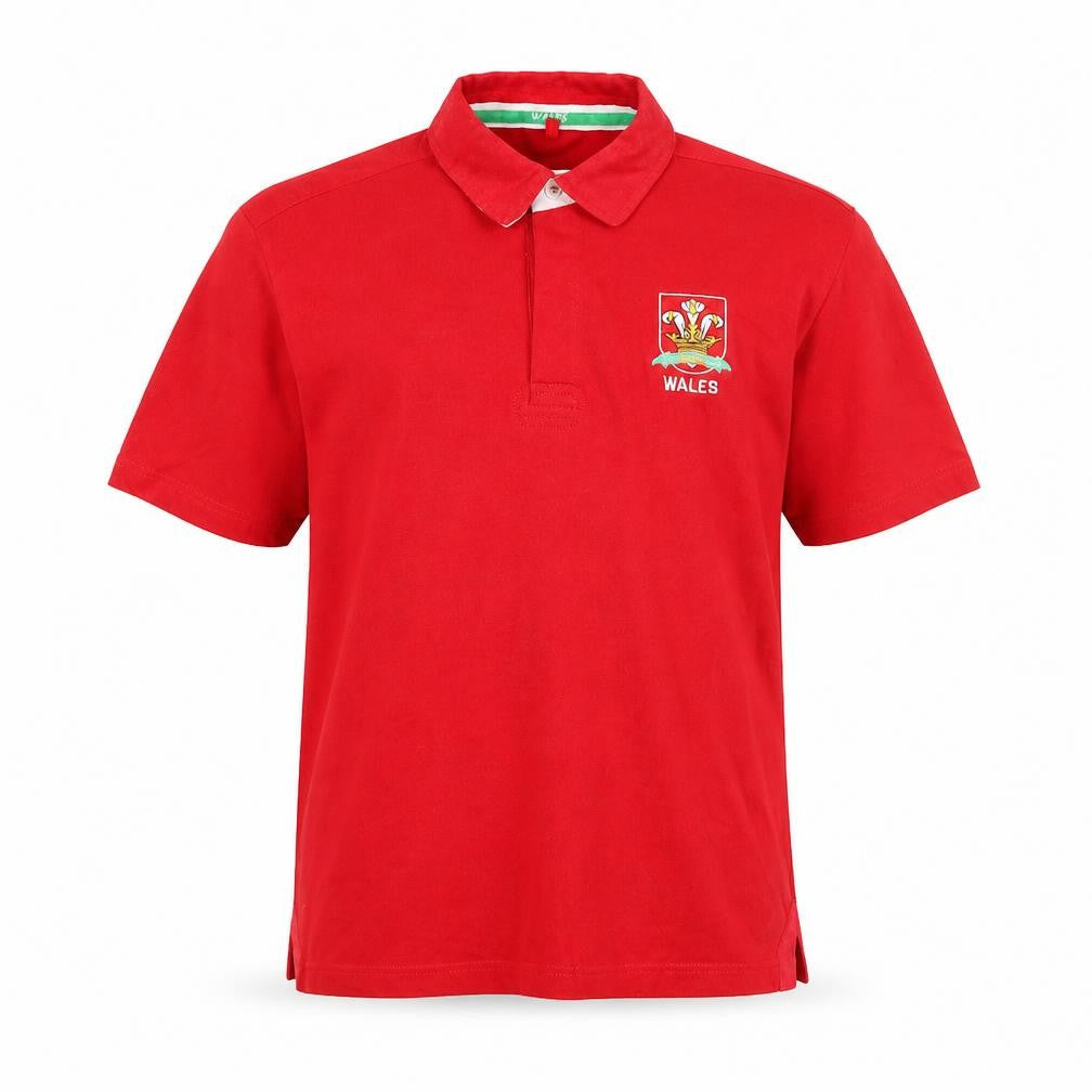 Front view of Wales men’s red 100% cotton polo, size L, collared - wales