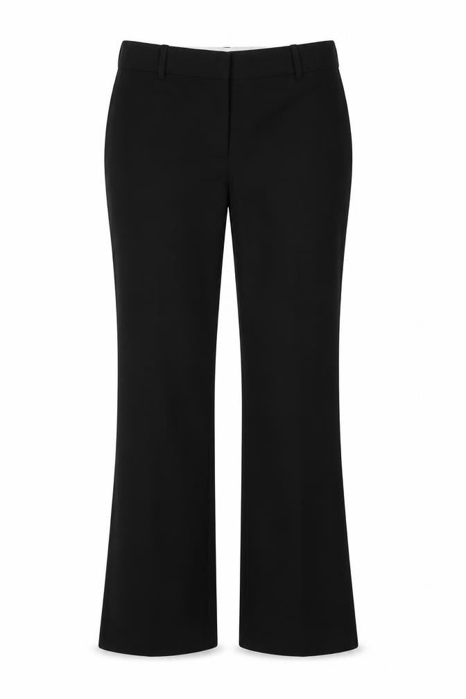 Front view of Next women’s black polyester trousers, size UK 10, 28-inch leg regular