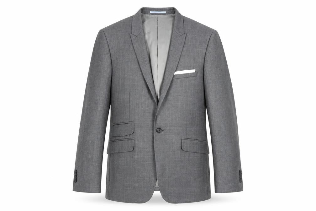 Front view of Burton men’s grey plaid polyester jacket blazer, size 38