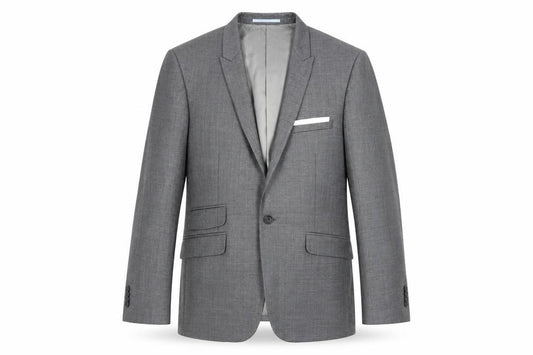 Front view of Burton men’s grey plaid polyester jacket blazer, size 38