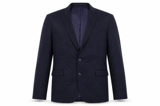 Front view of Cedarwood State men’s blue polyester jacket blazer, size 42