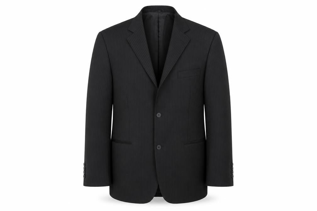 Front view of Taylor & Wright men’s black striped polyester jacket blazer, size 42
