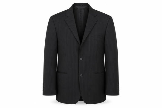 Front view of Taylor & Wright men’s black striped polyester jacket blazer, size 42