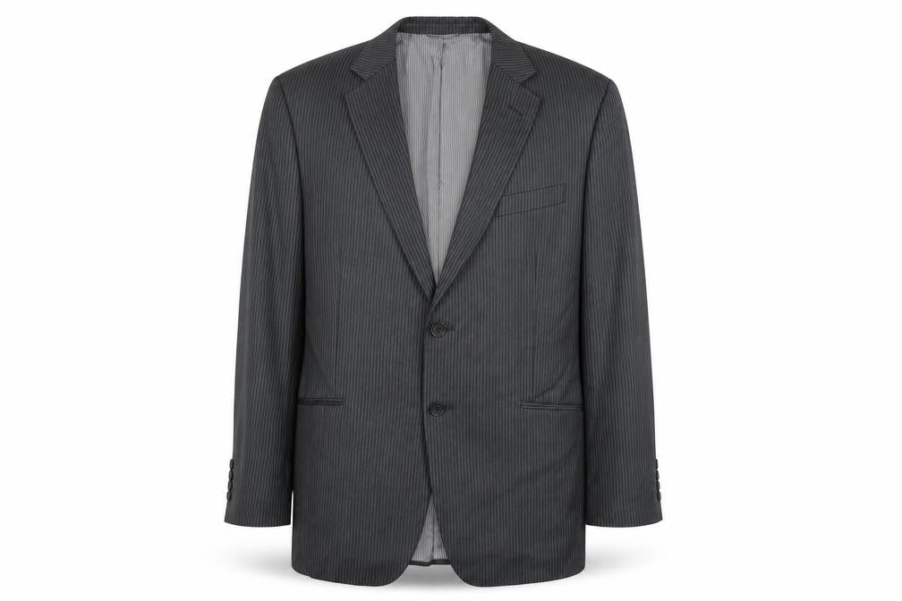 Front view of Burton men’s grey striped polyester jacket blazer, size 42, - tailored fit