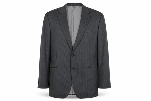 Front view of Burton men’s grey striped polyester jacket blazer, size 42, - tailored fit