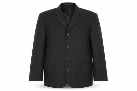 Front view of Jonathon Adams men’s black striped polyester jacket blazer, size 42