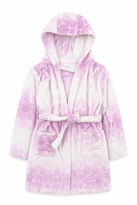 Front view of Matalan girls’ purple spotted polyester top robe, size 11, years tie - ombre