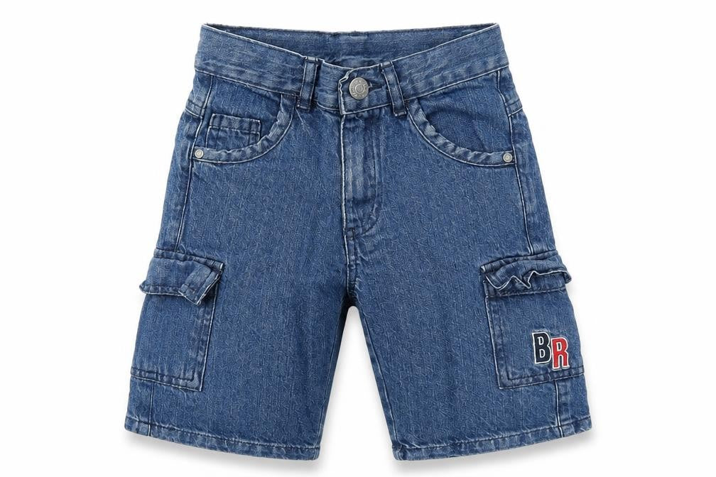 Front view of Katuco boys’ blue cotton cargo shorts, size 5, years regular