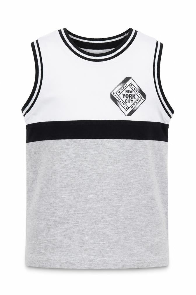 Front view of George boys’ grey colourblock cotton basic tank, size 5-6, years crew neck