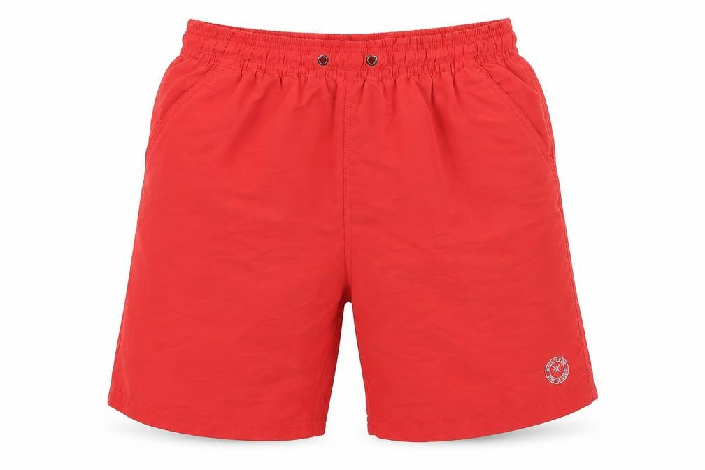 Front view of River Island men’s red polyester athletic shorts, size S, 6-inch leg regular drawstring