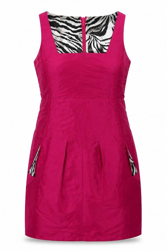 Front view of Boohoo women’s pink polyester a-line, size UK 10, square neck zip