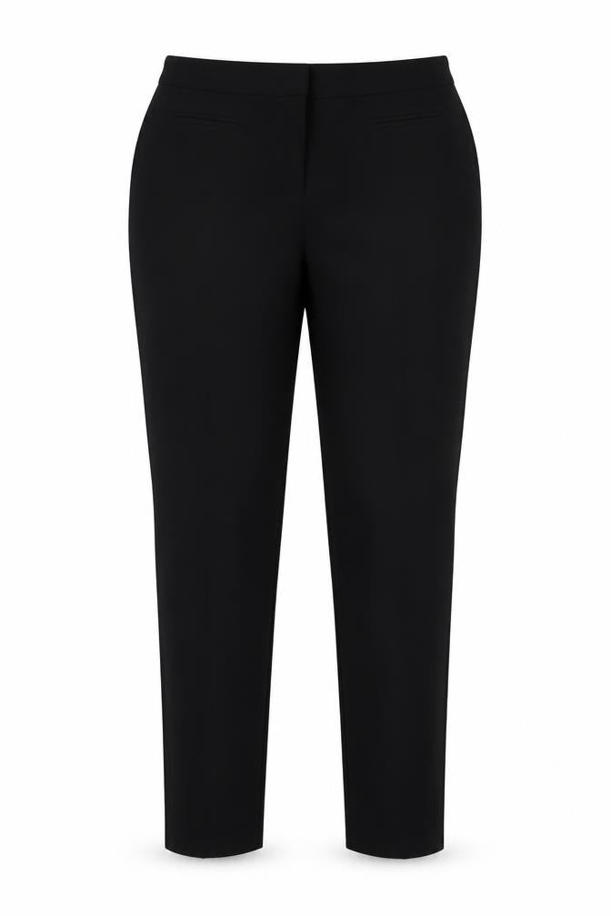 Front view of Bonmarché women’s black polyester trousers, size UK 16, 30-inch leg regular hook & eye