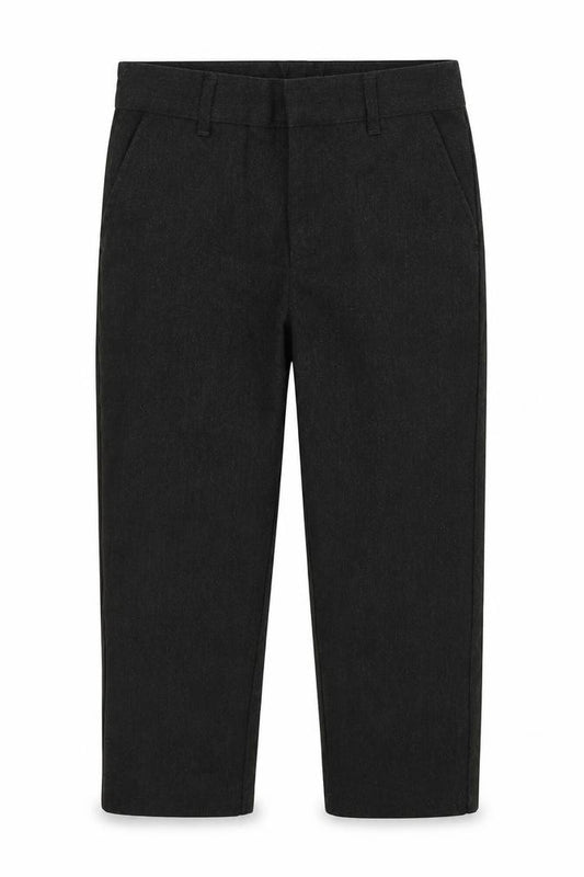 Front view of F&F boys’ grey polyester capri trousers, size 5-6, years regular hook & eye - school wear