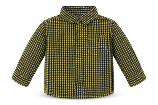 Front view of Mango boys’ yellow check cotton basic button-up, size 0-3, months collared button