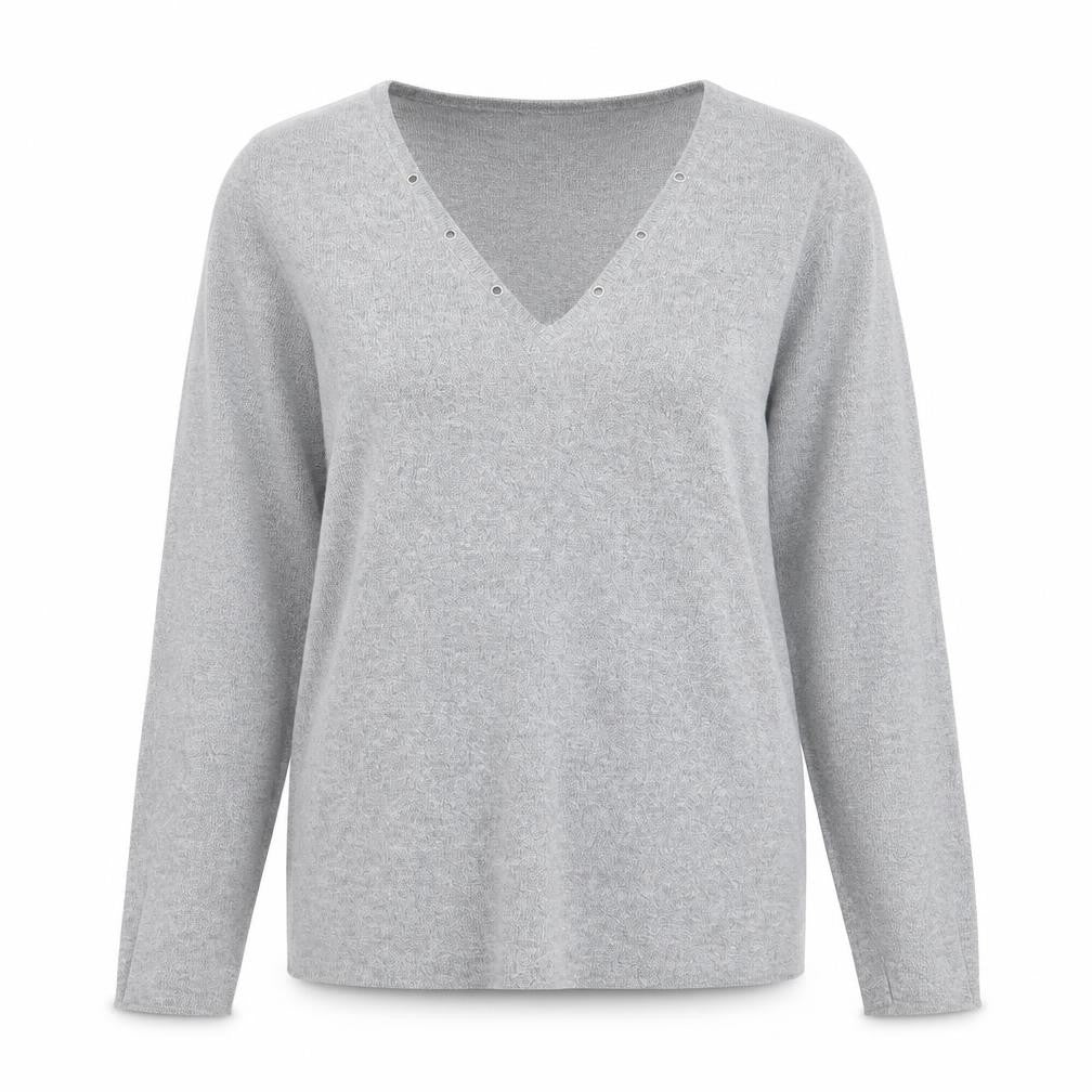 Front view of Principles women’s grey v-neck viscose jumper, size UK 14