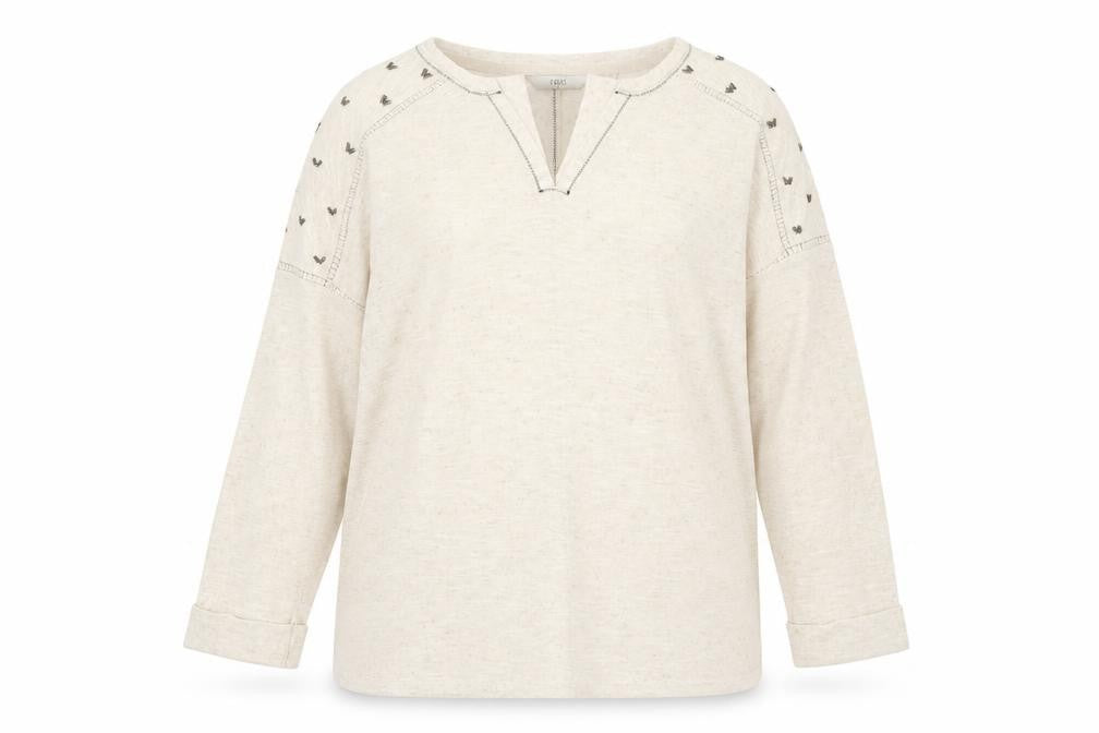 Front view of Next women’s beige v-neck polyester jumper, size UK 18
