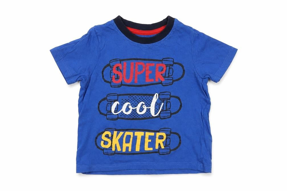Front view of Pep&Co boys’ blue cotton basic t-shirt, size 9-12, months round neck