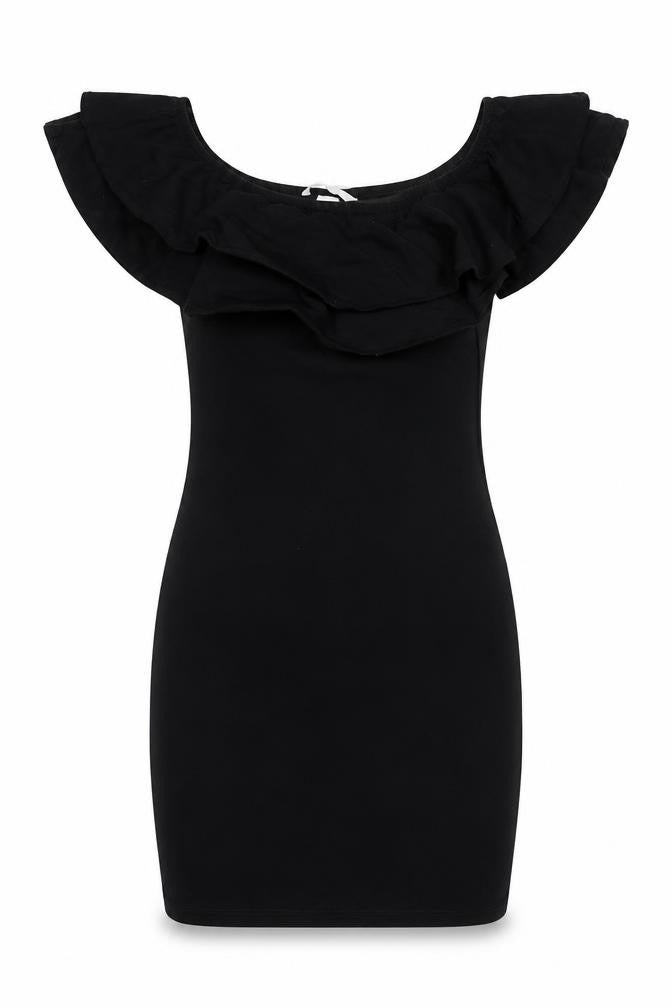 Front view of H&M women’s black cotton mini, size S, boat neck