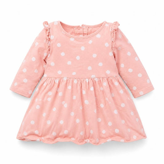 Front view of Matalan girls’ pink polka dot cotton a-line, size 3-6, months round neck