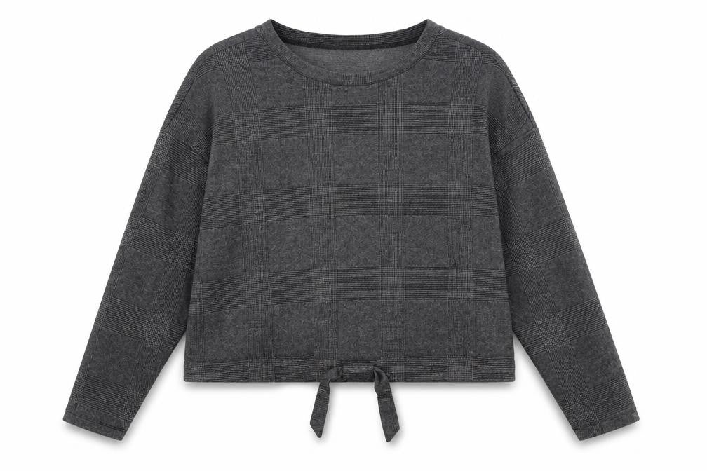 Front view of Primark women’s grey round neck check polyester jumper, size UK 16
