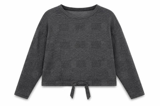 Front view of Primark women’s grey round neck check polyester jumper, size UK 16