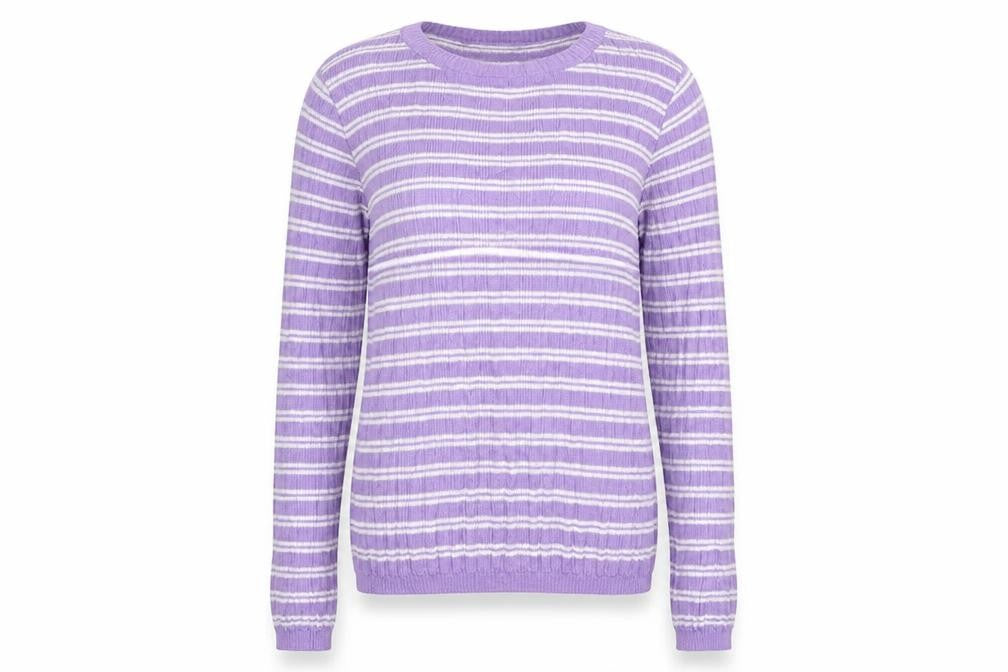 Front view of Primark women’s purple round neck striped polyester jumper, size XS