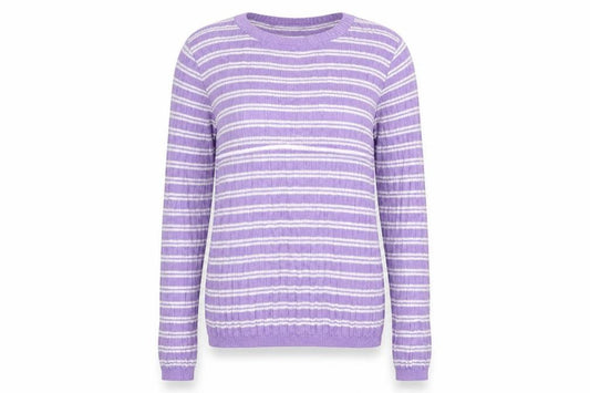 Front view of Primark women’s purple round neck striped polyester jumper, size XS