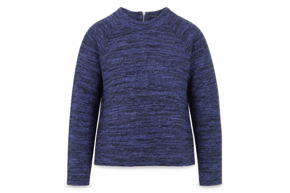 Front view of Marks & Spencer women’s blue round neck polyester jumper, size UK 14