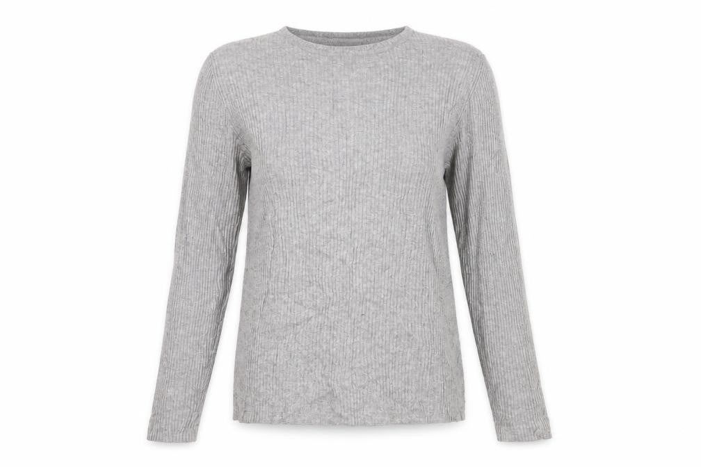 Front view of New Look women’s grey round neck viscose jumper, size UK 12