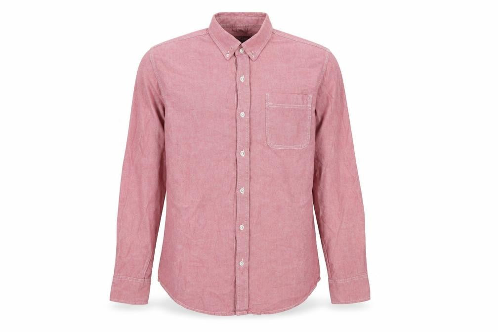 Front view of American Rag men’s pink cotton button-up, size M, collared