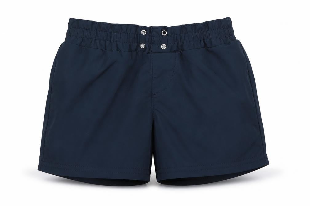 Front view of Lands' End boys’ blue polyester sweat shorts, size 6-7, years regular