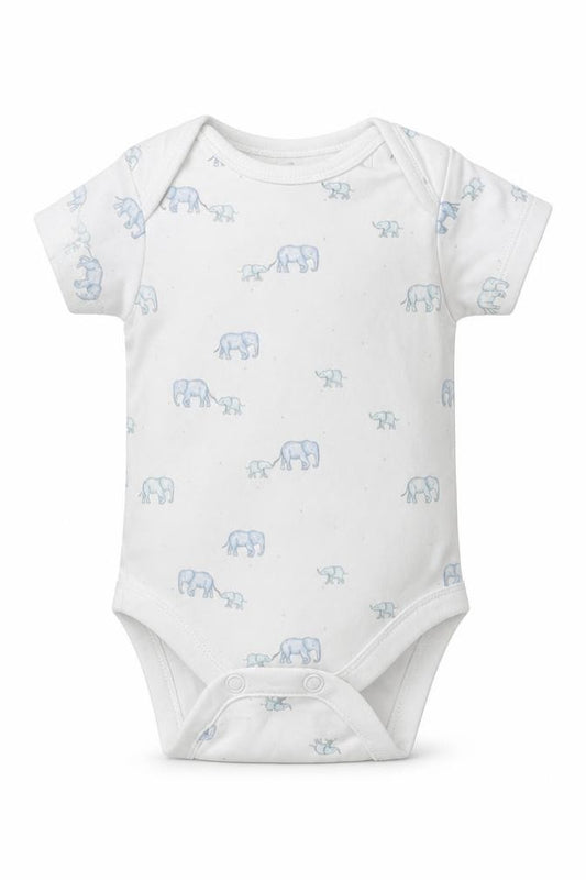Front view of Next boys’ white cotton babygrow one-piece size newborn button - elephants