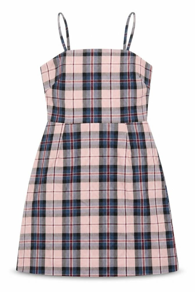 Front view of Primark women’s pink check polyester mini, size UK 4, round neck zip