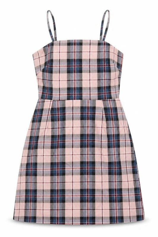 Front view of Primark women’s pink check polyester mini, size UK 4, round neck zip