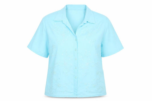 Front view of Roman women’s blue floral viscose basic button-up, size UK 16, collared
