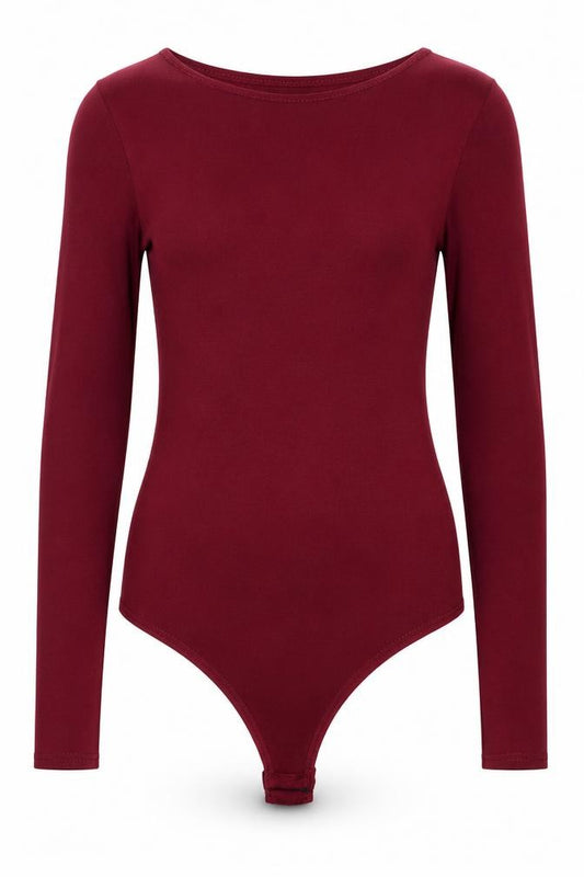 Front view of PRETTYLITTLETHING women’s red viscose bodysuit one-piece, size UK 6, button
