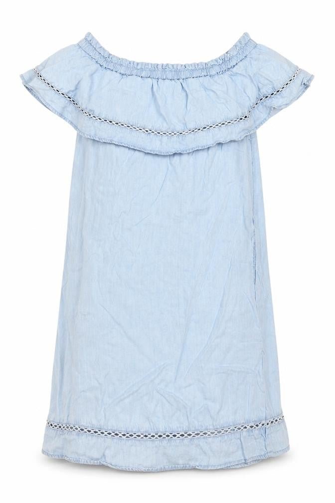 Front view of F&F women’s blue lyocell a-line, size UK 10, off the shoulder pullover