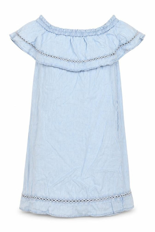 Front view of F&F women’s blue lyocell a-line, size UK 10, off the shoulder pullover