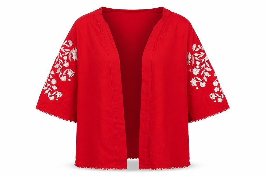 Front view of New Look women’s red floral jacket, size M
