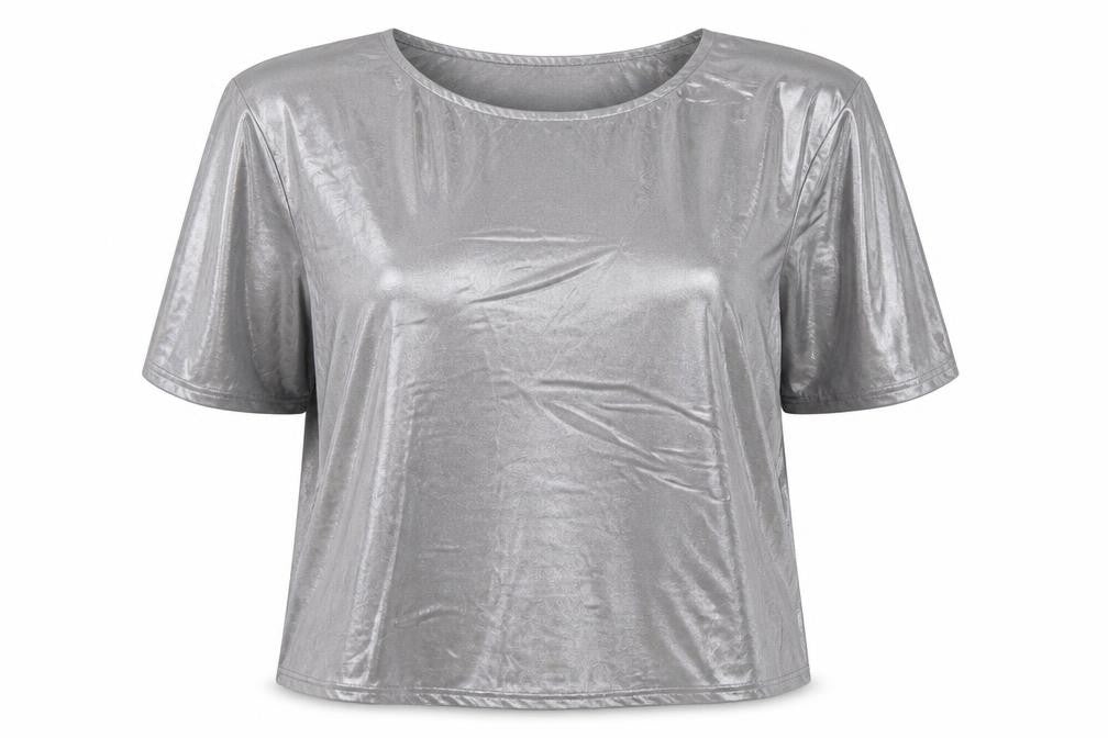 Front view of River Island women’s silver polyester basic t-shirt, size UK 8, round neck