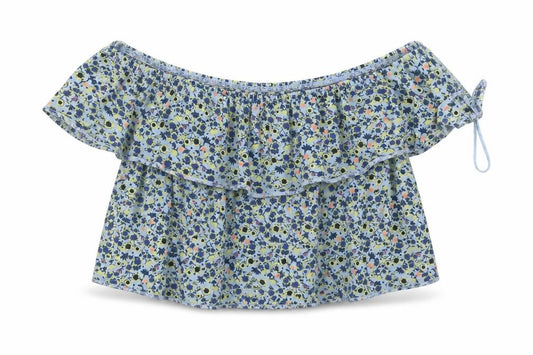 Front view of Topshop women’s blue floral polyester cropped t-shirt, size UK 12, off the shoulder