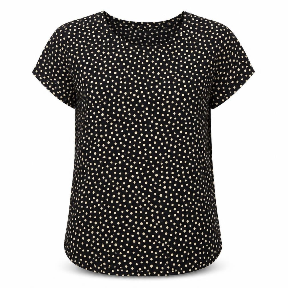 Front view of H&M women’s black polka dot cotton basic t-shirt, size S, crew neck