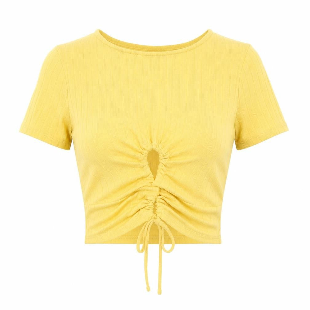 Front view of Primark women’s yellow polyester cropped t-shirt, size S, crew neck