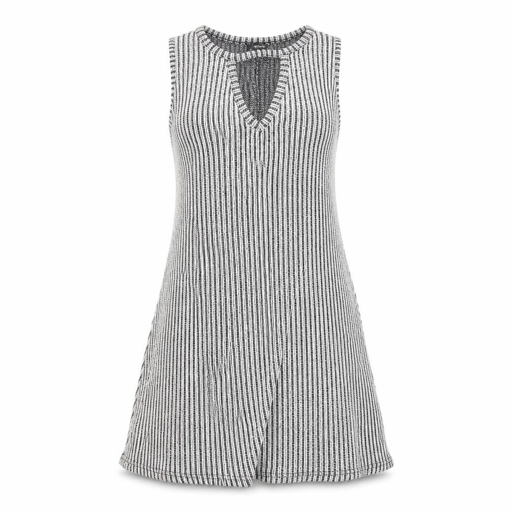 Front view of Atmosphere women’s grey striped polyester sheath, size UK 8, round neck