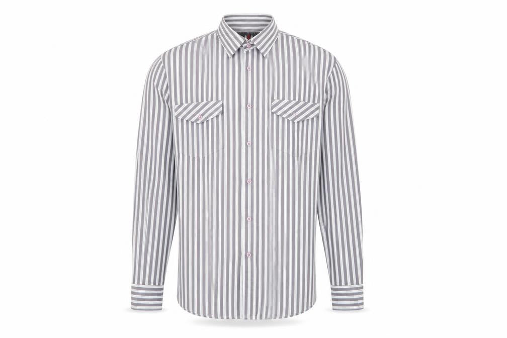 Front view of smart look men’s multicoloured striped polyester button-up, size 39, crew neck