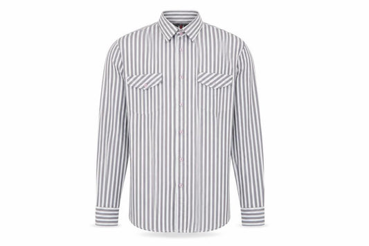 Front view of smart look men’s multicoloured striped polyester button-up, size 39, crew neck