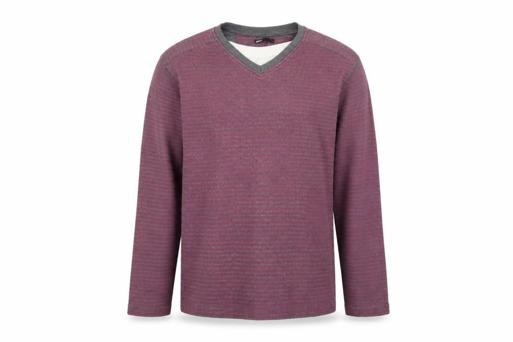 Front view of ethelaustin men’s multicoloured round neck striped polyester jumper, size M